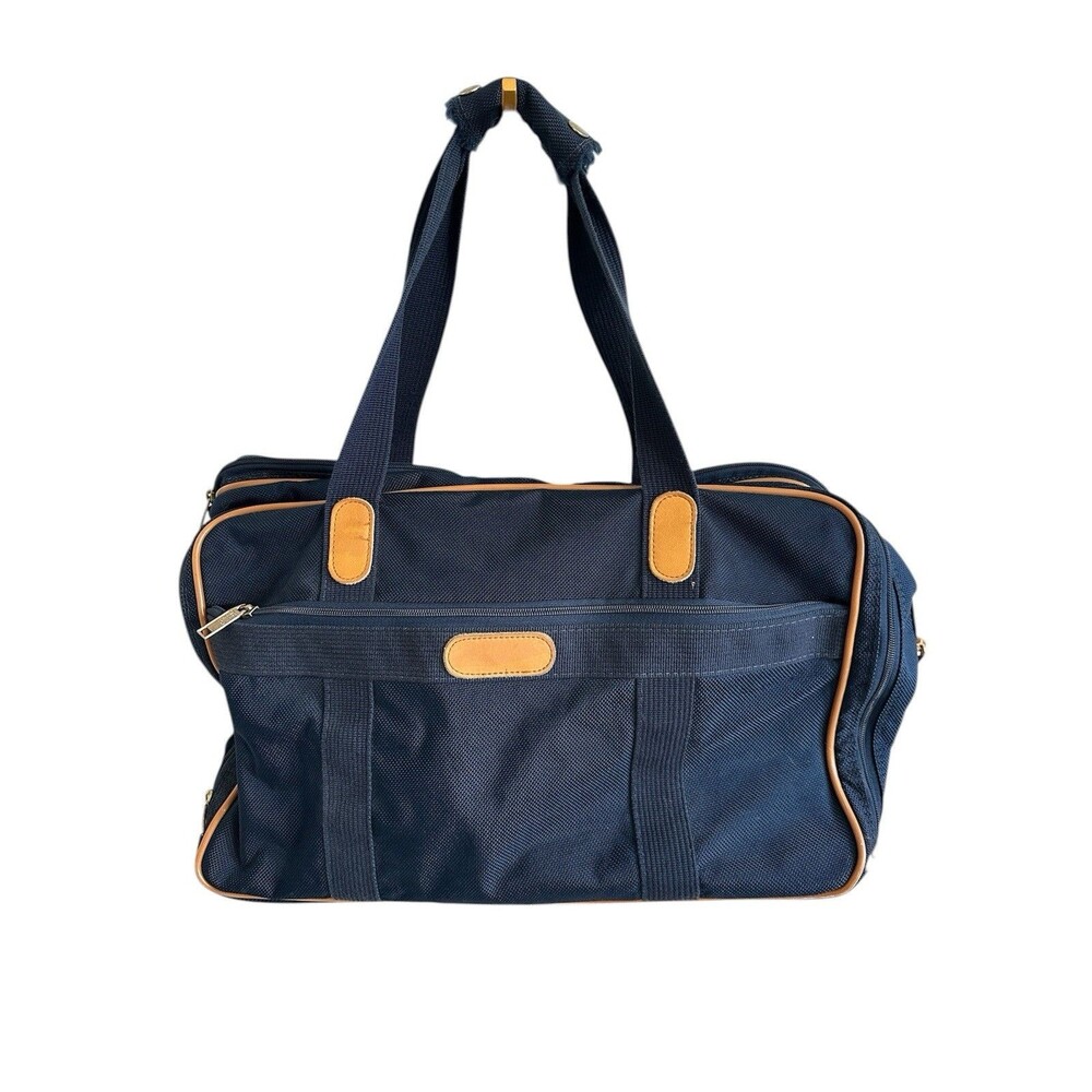 London Fog VTG Navy Canvas Weekender Duffle Bag Big Ben Logo Lining Leather Trim